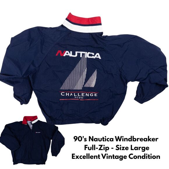 Vintage 90s Nautica Challenge XCVII Windbreaker Jacket L Navy Red Sailing Logo - Picture 1 of 7